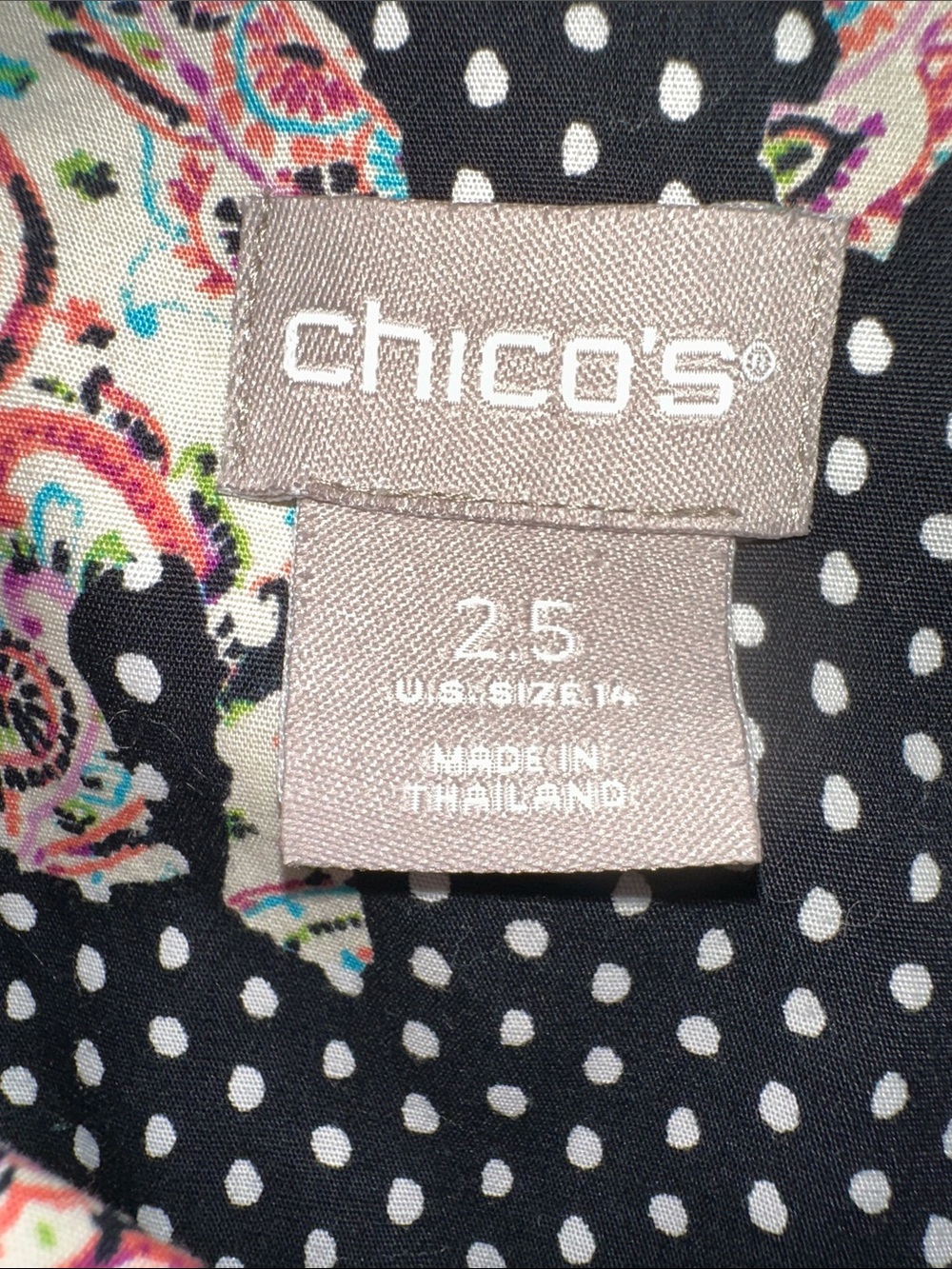 Chico's Black Polka Dot Button-Down with Multicolor Paisley Elephants - Picture 9 of 10